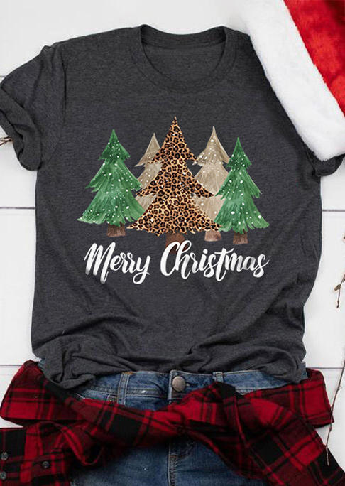 

Merry Christmas Leopard Tree T-Shirt Tee - Dark Grey, Gray, SCM008026