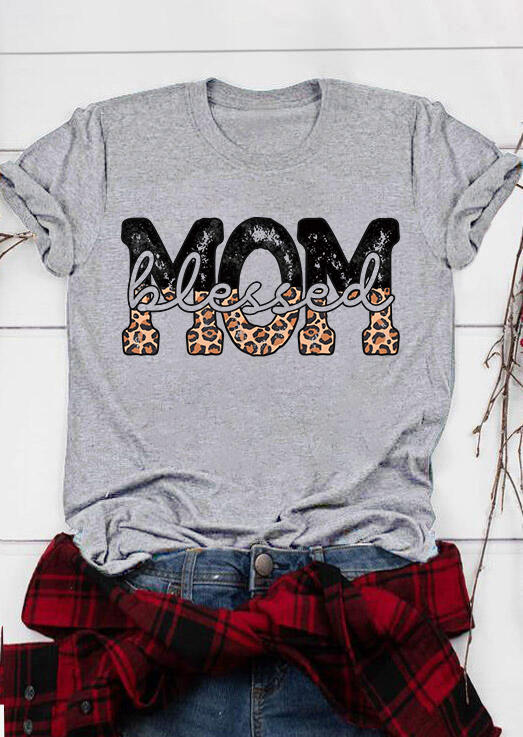 

Mom Leopard Blessed O-Neck T-Shirt Tee - Gray, SCM008183