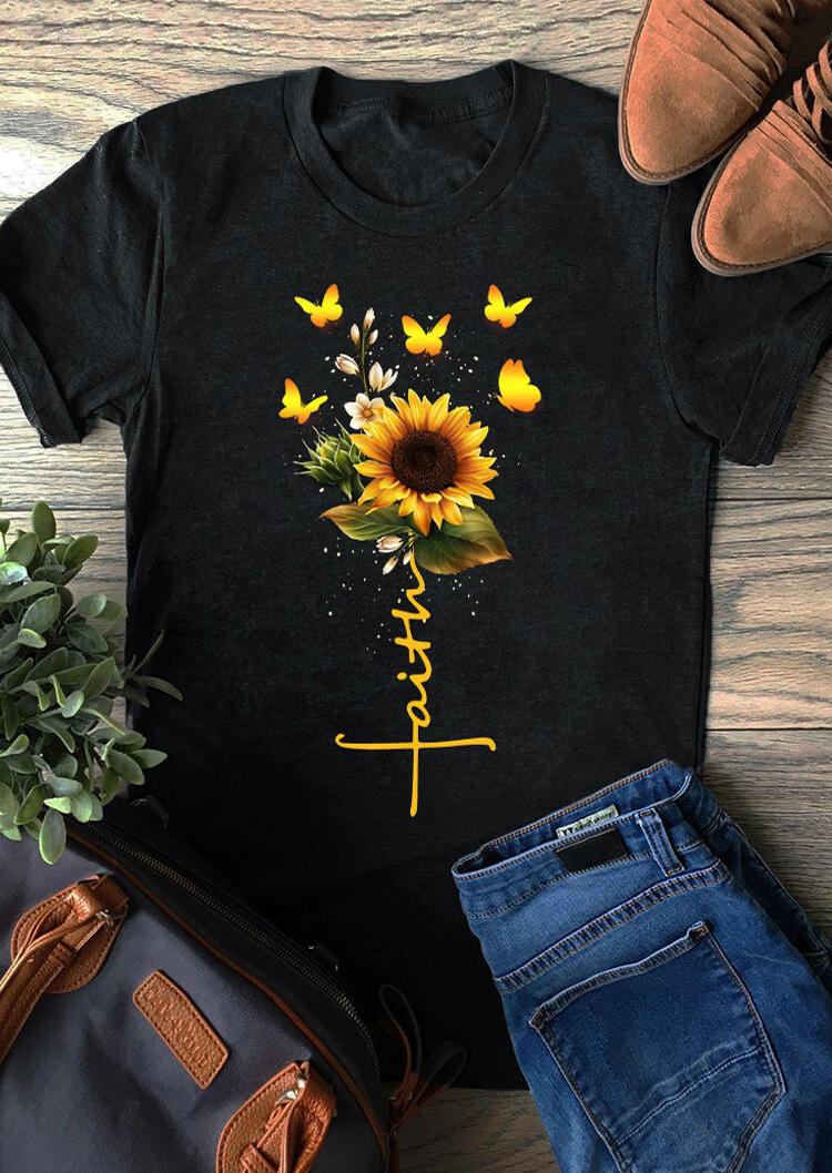 

Faith Sunflower Butterfly T-Shirt Tee - Black, SCM008251