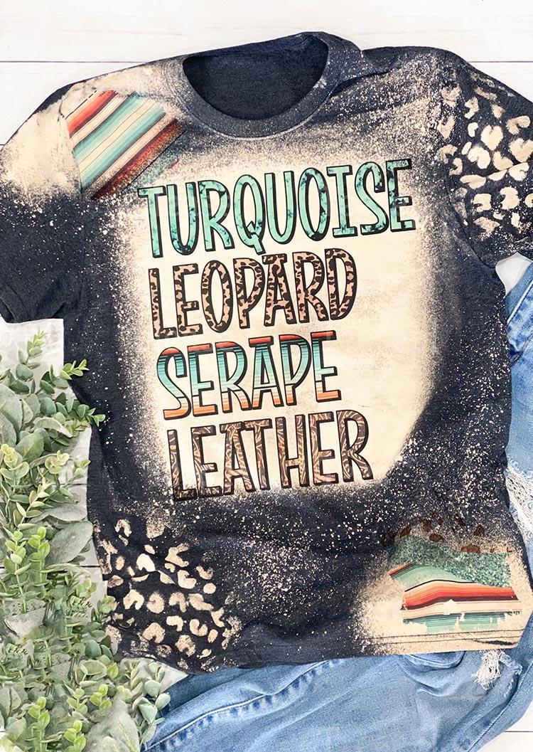 

Turquoise Leopard Serape Leather Bleached T-Shirt Tee, Multicolor, SCM006842