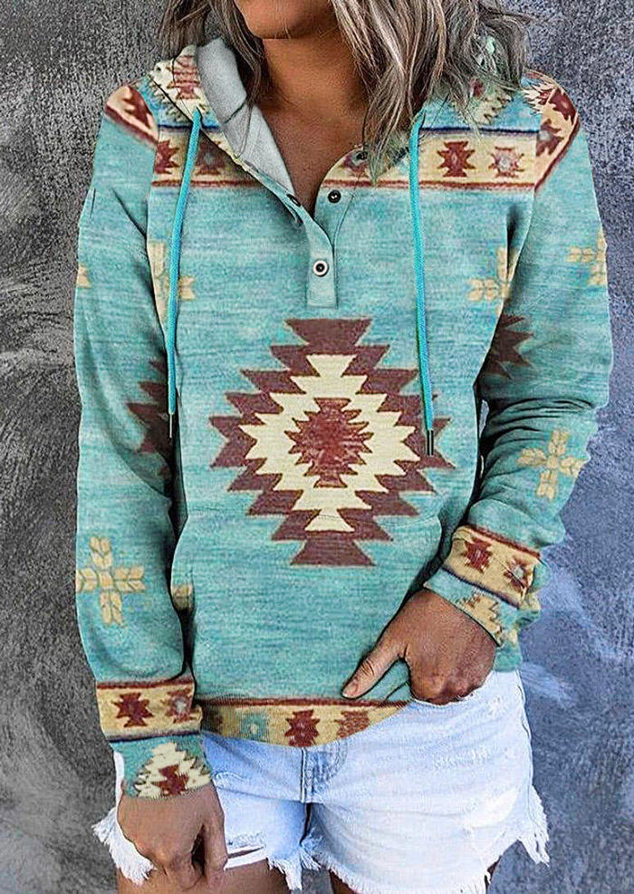 

Aztec Geometric Button Drawstring Hoodie - Blue, SCM007346