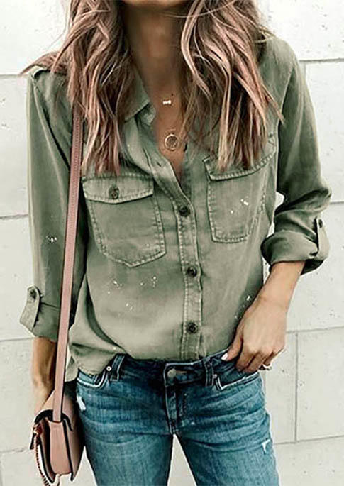 

Pocket Button Turn-Down Collar Shirt - Army Green, SCM007403