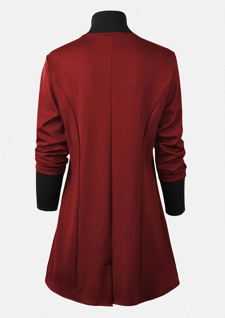 Color Block Side Button Long Sleeve Coat - Red