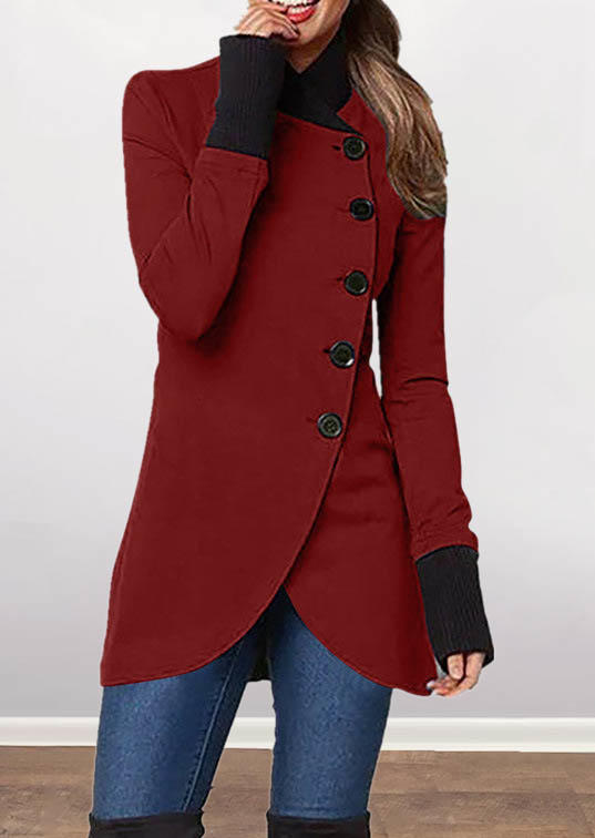 

Color Block Side Button Long Sleeve Coat - Red, SCM007434