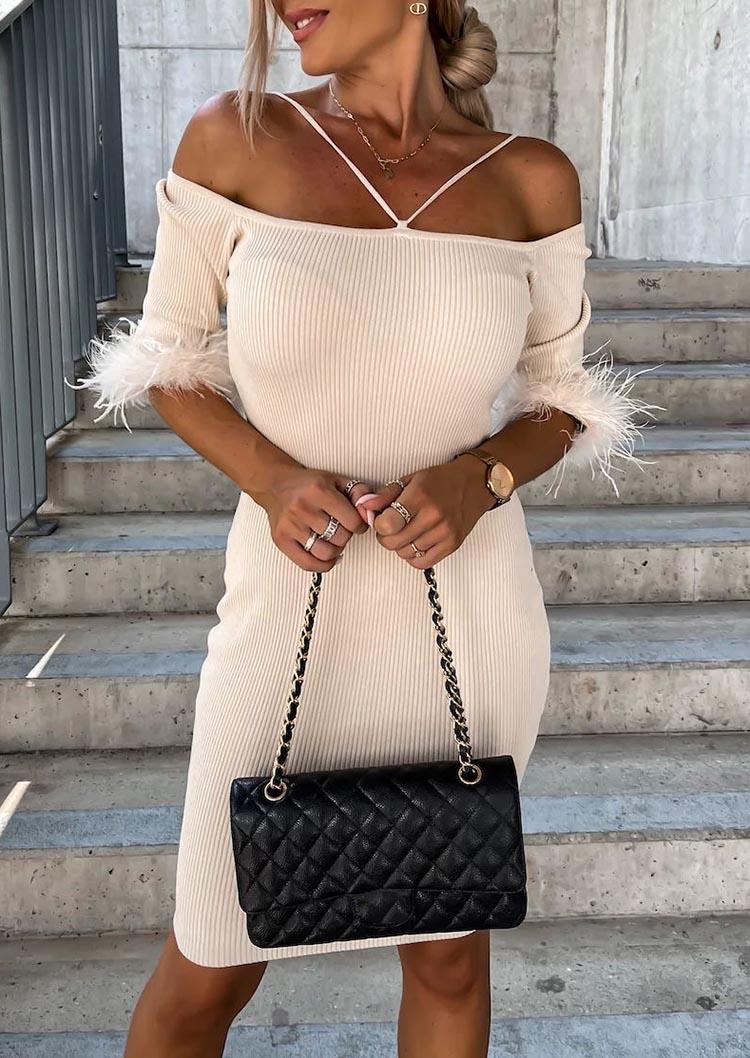 

Faux Fur Splicing Cold Shoulder Knitted Bodycon Dress - Apricot, SCM007461