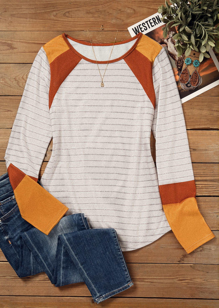Striped Color Block Long Sleeve Blouse - Apricot