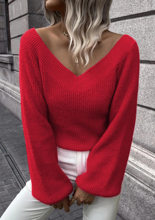 Knitted V-Neck Raglan Sleeve Sweater - Red