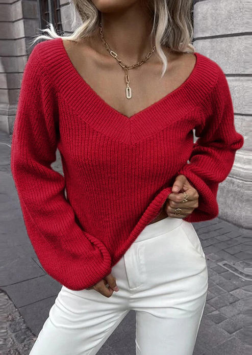 

Knitted V-Neck Raglan Sleeve Sweater - Red, SCM007527