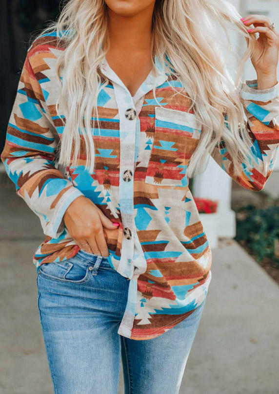 

Aztec Geometric Pocket Button Long Sleeve Shirt, Multicolor, SCM007614