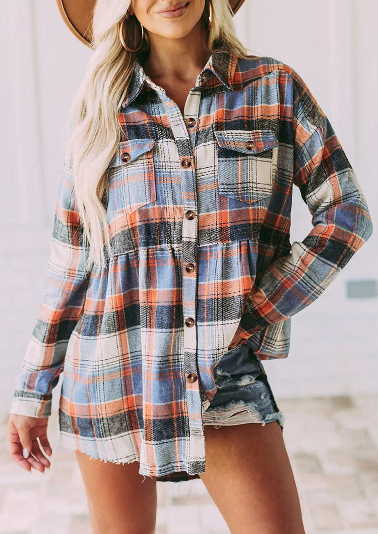 

Plaid Pocket Button Turn-Down Collar Shirt, Multicolor, SCM007632