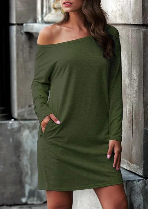 Pocket O-Neck Long Sleeve Mini Dress - Army Green