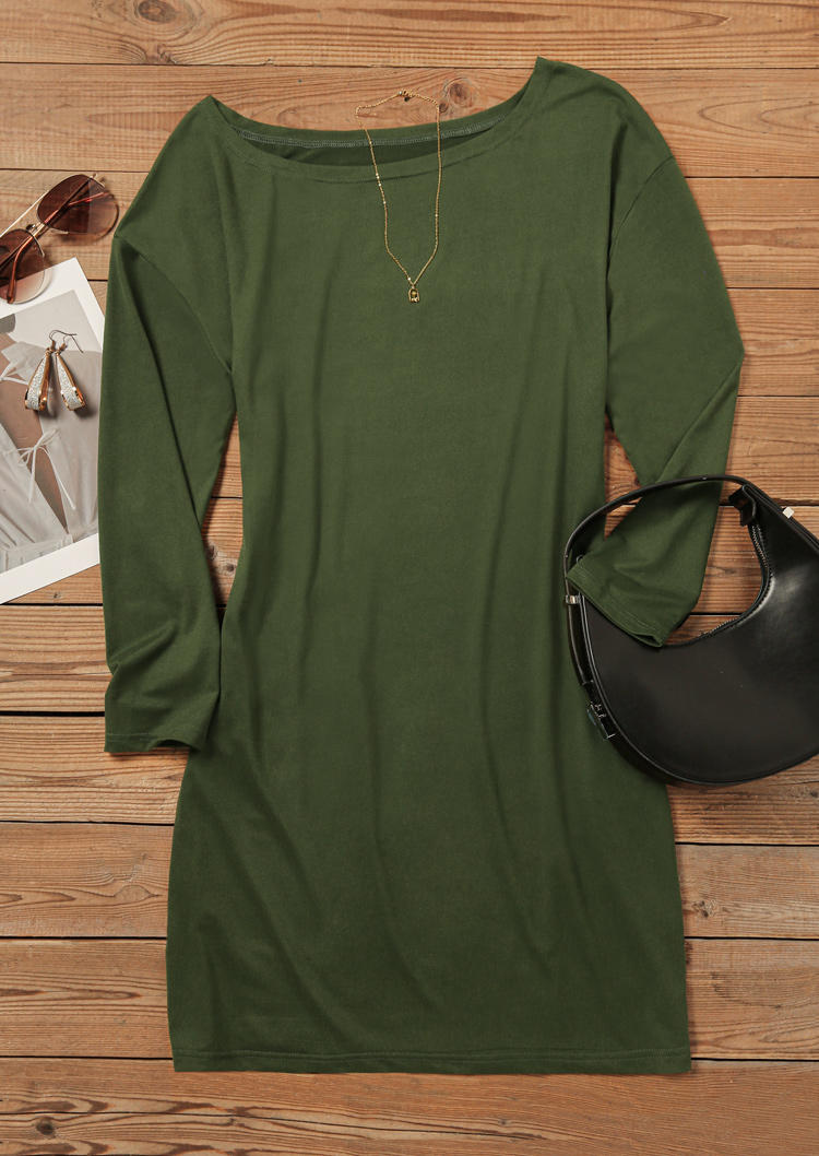 Pocket O-Neck Long Sleeve Mini Dress - Army Green