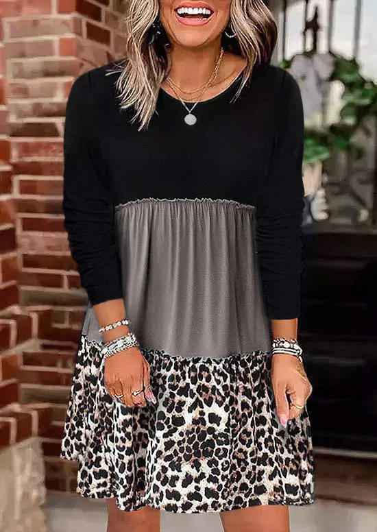 

Leopard Color Block Ruffled Mini Dress, Multicolor, SCM007664