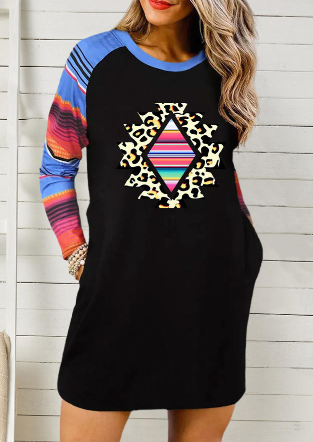

Leopard Serape Striped Pocket Mini Dress - Black, SCM007669