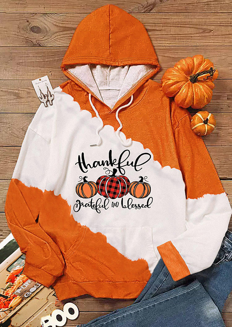Thankful Grateful And Blessed Pumpkin Plaid Color Block Hoodie - Orange