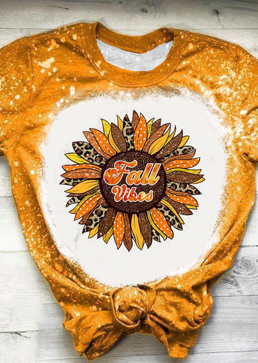 

Fall Vibes Sunflower Leopard Bleached T-Shirt Tee - Orange, SCM007689