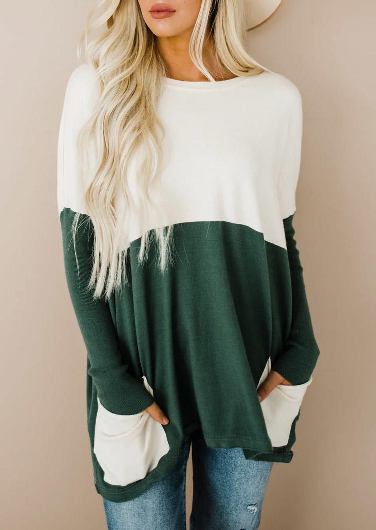 Color Block Pocket Long Sleeve Blouse - Green