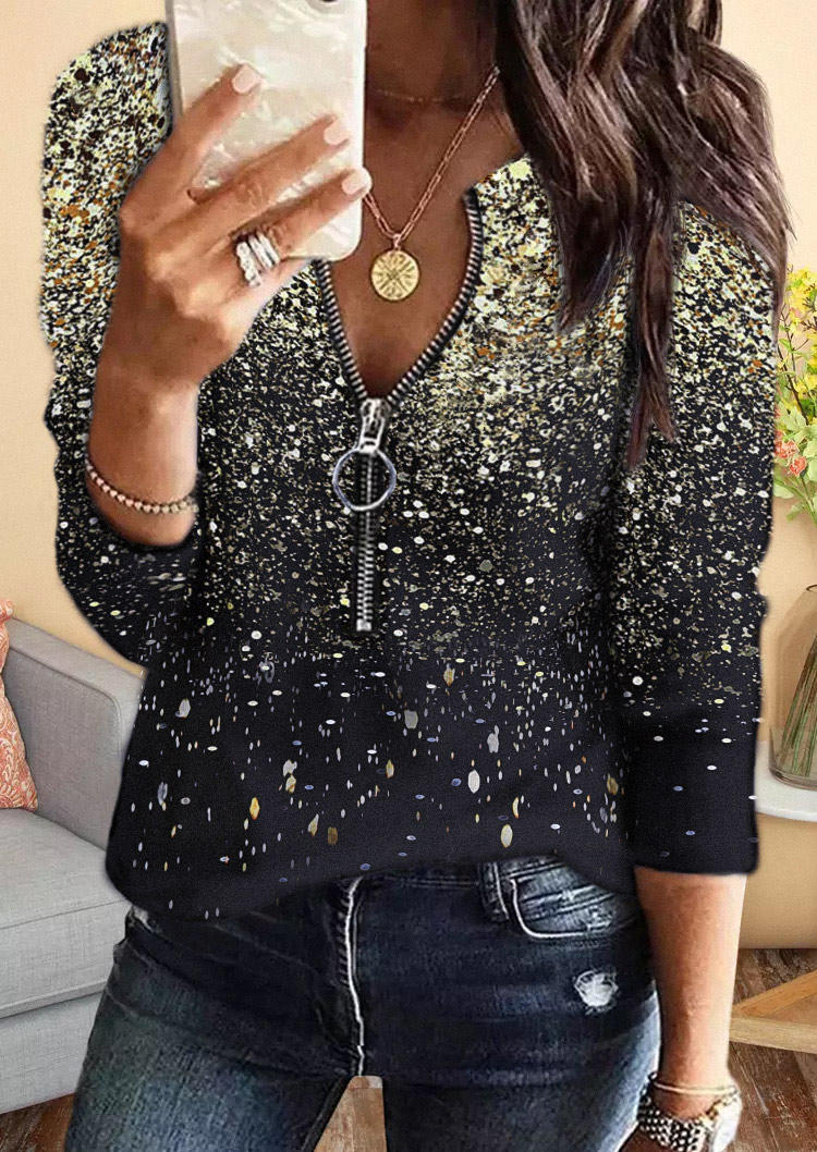 

Glitter Gradient Zipper Long Sleeve Blouse - Black, SCM007798