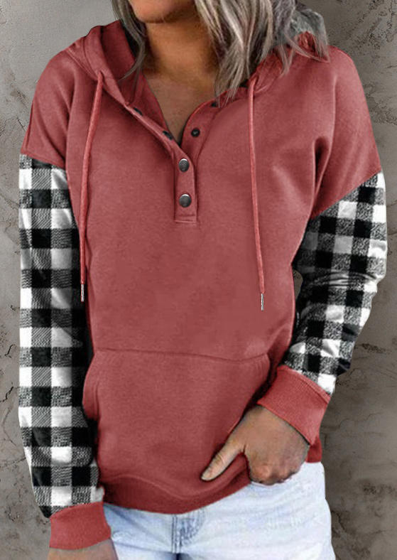 

Plaid Button Kangaroo Pocket Hoodie - Brick Red, SCM007886