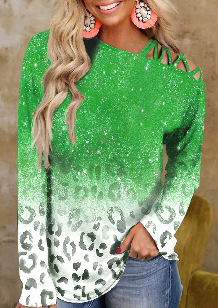 

Leopard Glitter Criss-Cross One Sided Cold Shoulder Blouse - Green, SCM008074
