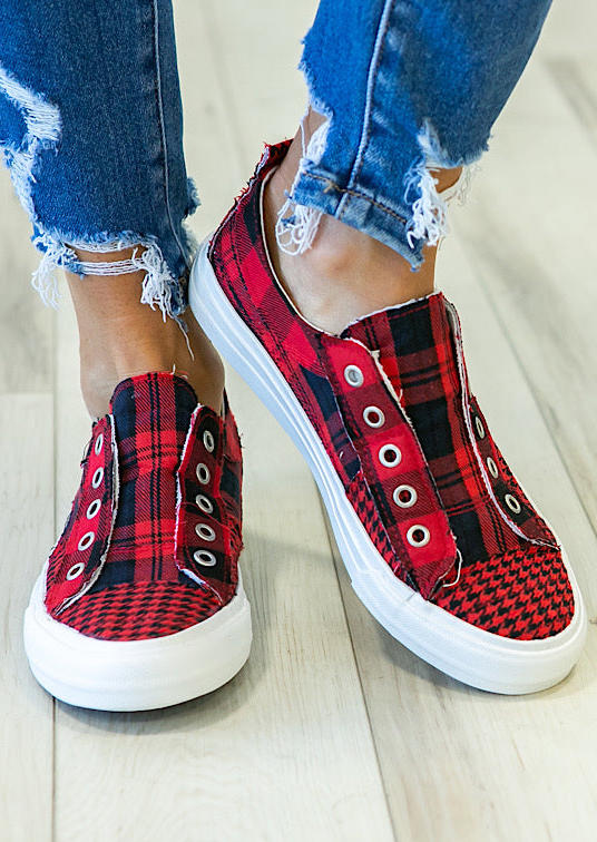Plaid Round Toe Flat Sneakers - Red, SCM008361