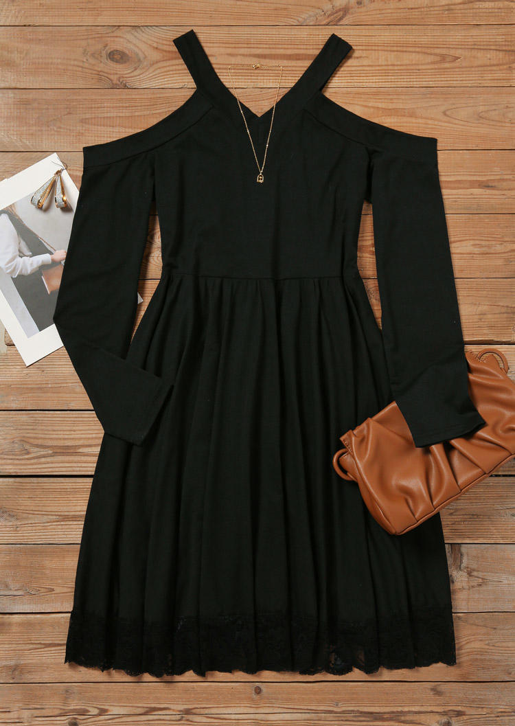Lace Splicing Cold Shoulder V-Neck Mini Dress - Black