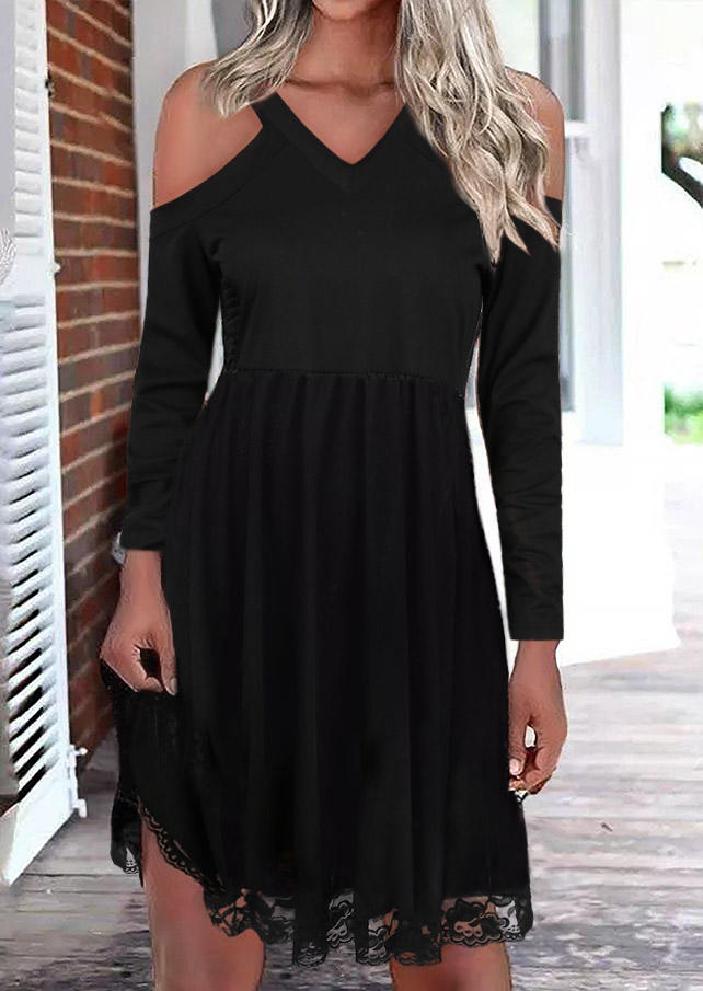Lace Splicing Cold Shoulder V-Neck Mini Dress - Black