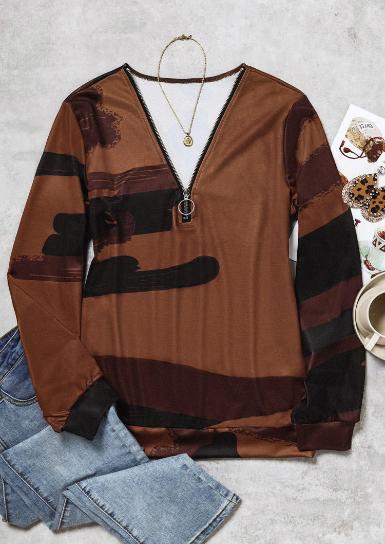 Zipper Graffiti Collar Long Sleeve Sweatshirt - Brown