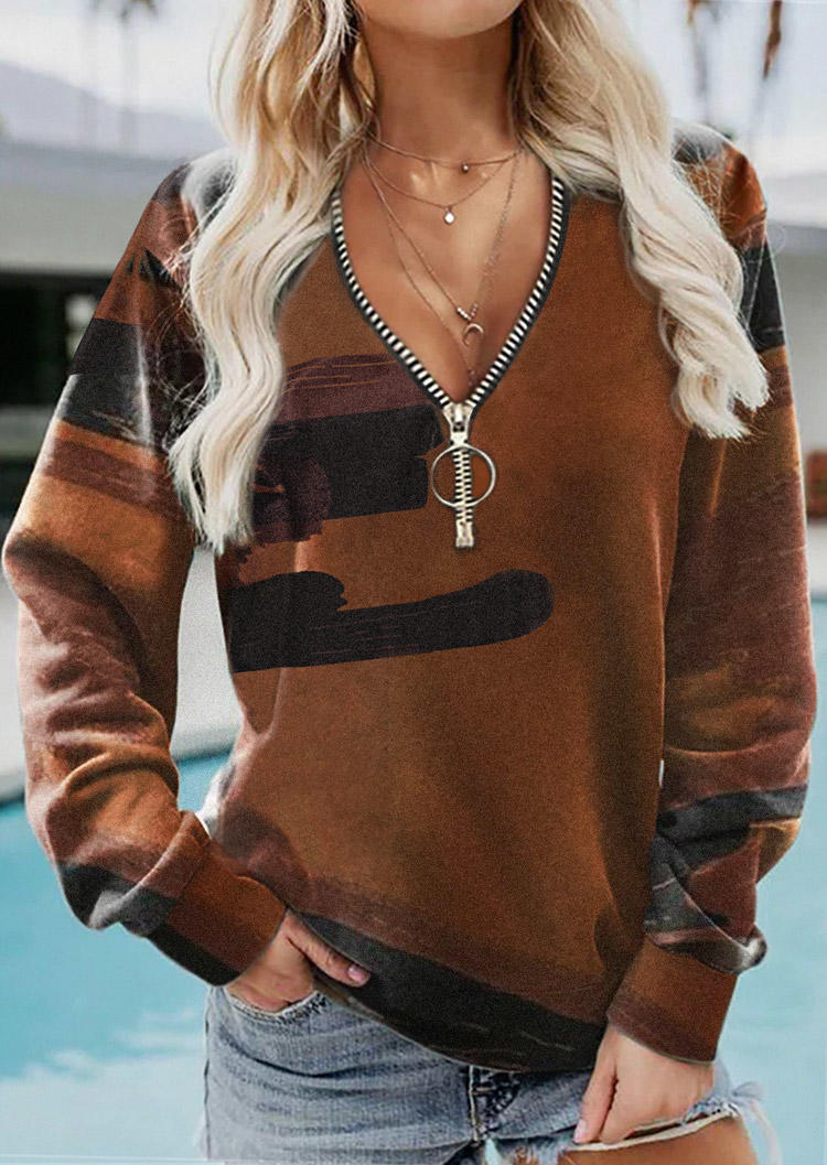 

Zipper Graffiti Collar Long Sleeve Sweatshirt - Brown, SCM006308