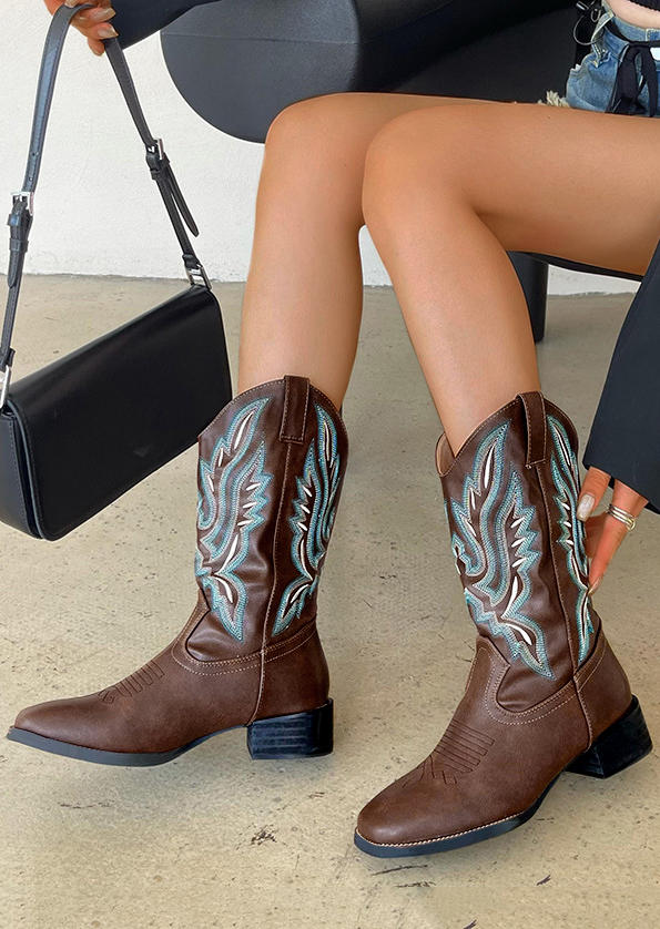 

Round Toe PU Leather Mid-Calf Boots - Brown, SCM006333