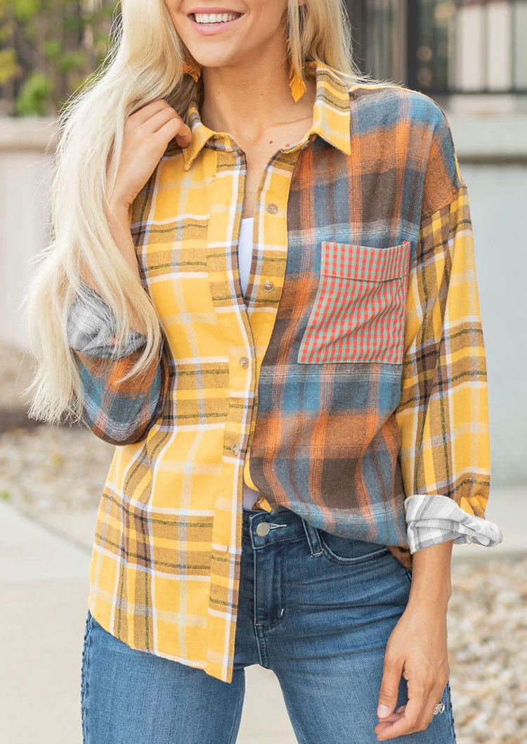 

Plaid Color Block Pocket Turn-Down Collar Shirt, Multicolor, SCM007263