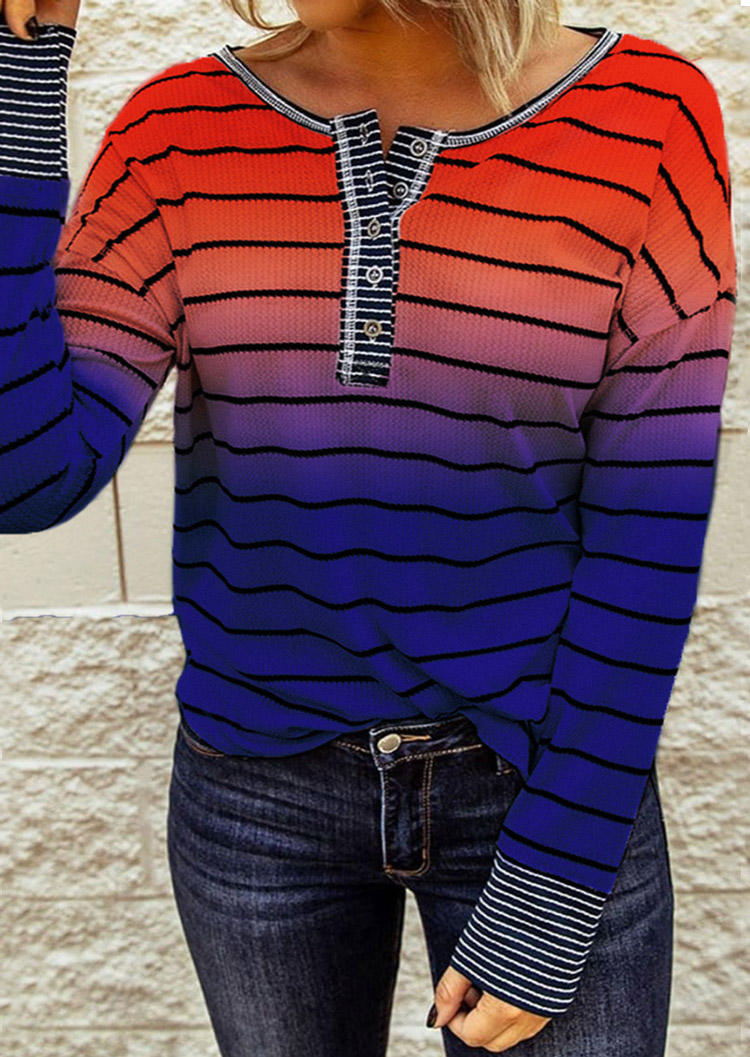 

Striped Gradient Button Long Sleeve Blouse, Multicolor, SCM007343