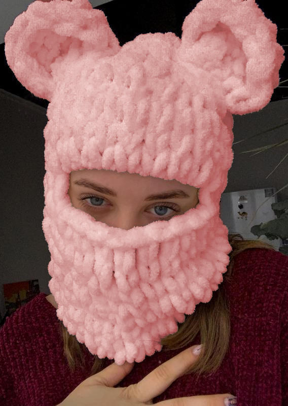 Cat Ears Balaclava Knitted Hood Ski Mask Hat, Pink, SCM007378