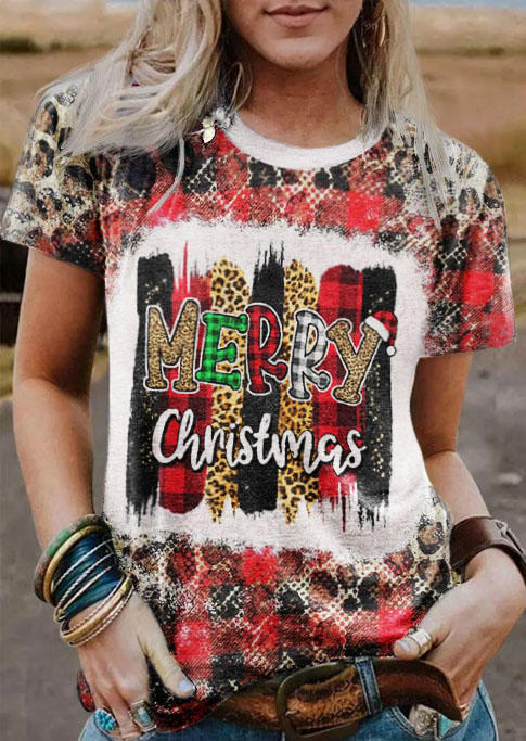 Merry Christmas Leopard Plaid Bleached T-Shirt Tee