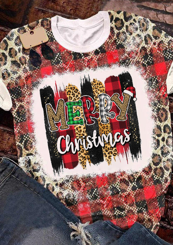 Merry Christmas Leopard Plaid Bleached T-Shirt Tee