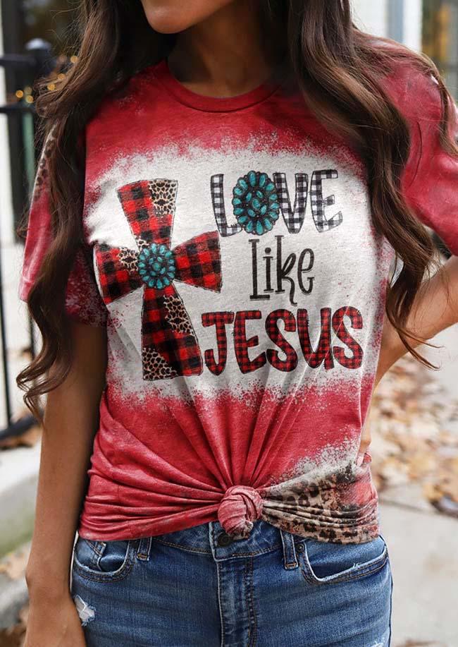 Love Like Jesus Cross Turquoise Leopard Plaid T-Shirt Tee - Red