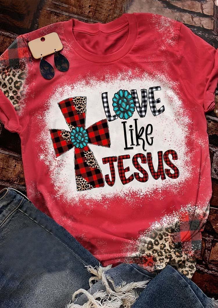 

Love Like Jesus Cross Turquoise Leopard Plaid T-Shirt Tee - Red, SCM007439