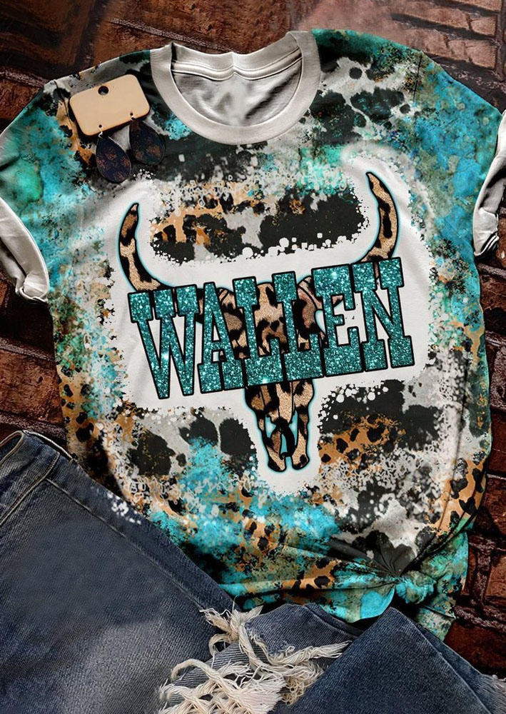 

Glitter Steer Skull Leopard Tie Dye Bleached O-Neck T-Shirt Tee, Multicolor, SCM007501