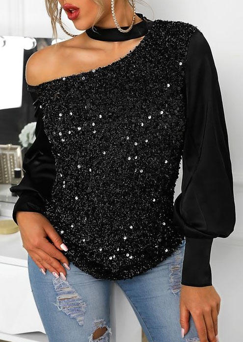 

Sequined One Sided Cold Shoulder Blouse - Black, SCM007520