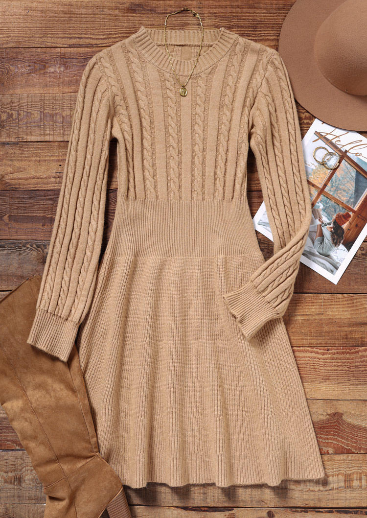 Knitted Long Sleeve O-Neck Mini Dress - Khaki