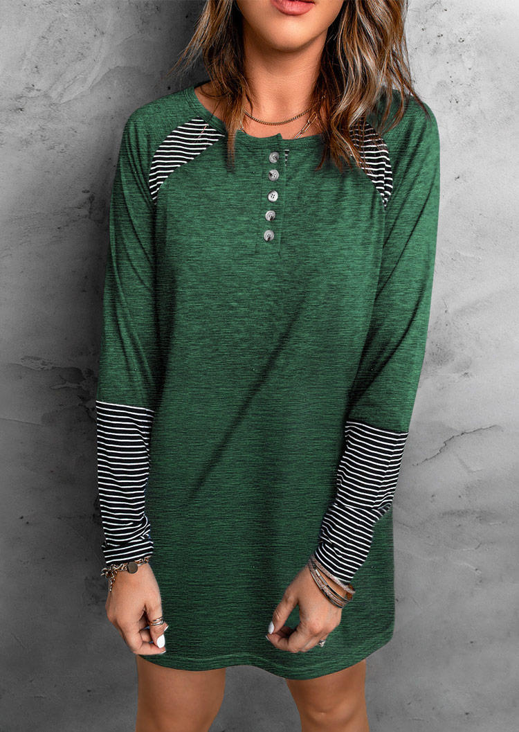 

Striped Button Long Sleeve Mini Dress - Green, SCM007668