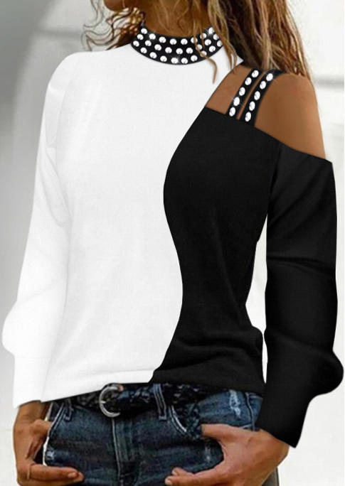 

Color Block Rhinestone Button Cold Shoulder Blouse, Multicolor, SCM007707