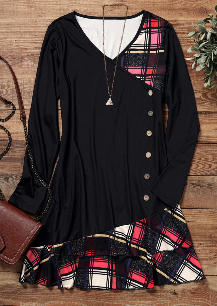 Plaid Button Long Sleeve Mini Dress - Black