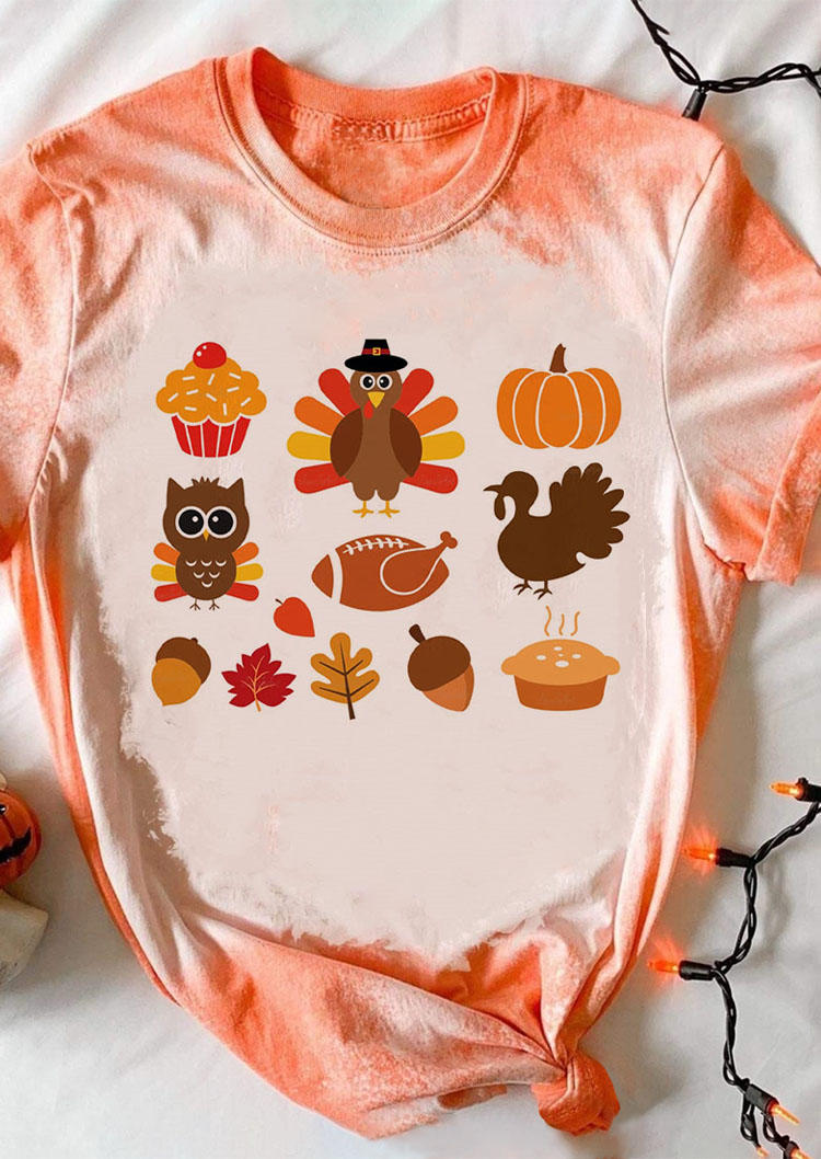 

Turkey Maple Leaf Pumpkin Bleached T-Shirt Tee, Multicolor, SCM007779