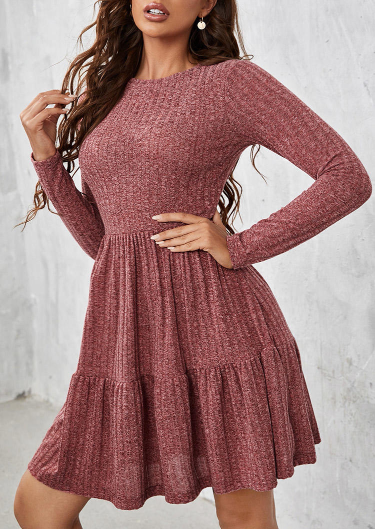 

Ribbed Ruffled Long Sleeve Sweater Dress - Pink, SCM007838
