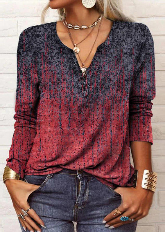 

Button Ethnic Notched Neck Blouse - Red, SCM007881