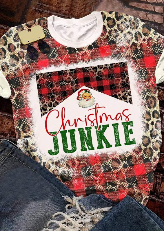 

Christmas Junkie Plaid Leopard Bleached T-Shirt Tee, Multicolor, SCM007897