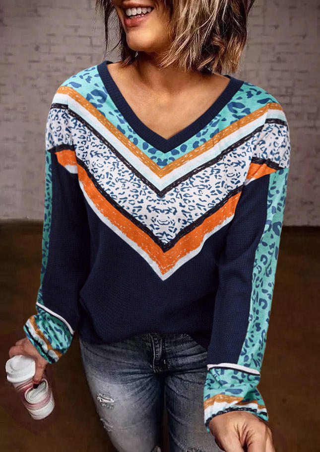 

Leopard Color Block V-Neck Blouse - Navy Blue, SCM007900