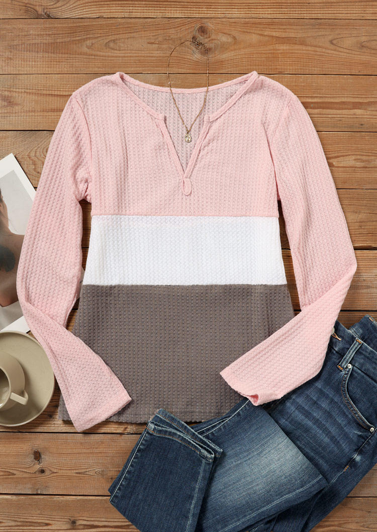 Color Block Waffle Notched Neck Blouse - Pink