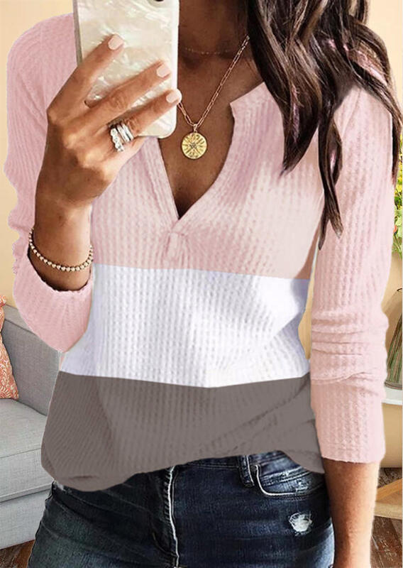 

Color Block Waffle Notched Neck Blouse - Pink, SCM007958